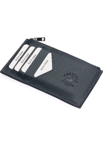 Hakiki Deri Fermuarlı Unisex Kartlık - Lacivert fiyatları