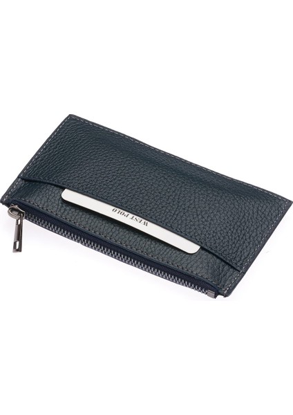 Hakiki Deri Fermuarlı Unisex Kartlık - Lacivert fırsatları