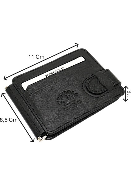 Hakiki Deri Çift Taraflı Kullanıma Uygun Kuşaklı Kağıt Para Klipsli Unisex Kartlık - Siyah