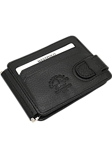 Hakiki Deri Çift Taraflı Kullanıma Uygun Kuşaklı Kağıt Para Klipsli Unisex Kartlık - Siyah fiyatları