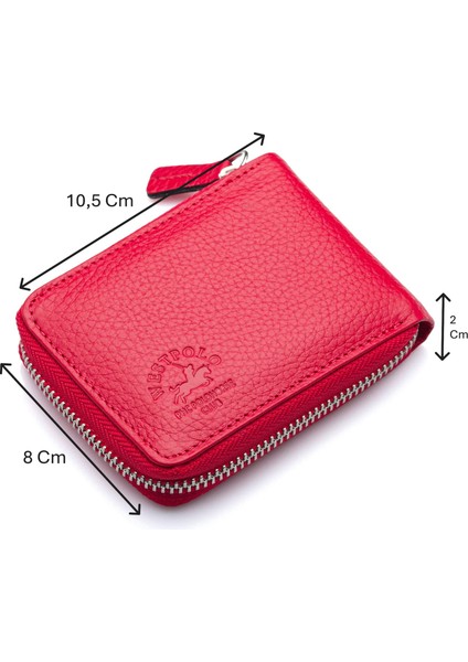 Hakiki Deri Kağıt Para ve Bol Şeffaf Kart Bölmeli, Fermuarlı Unisex Kartlık - Kırmızı