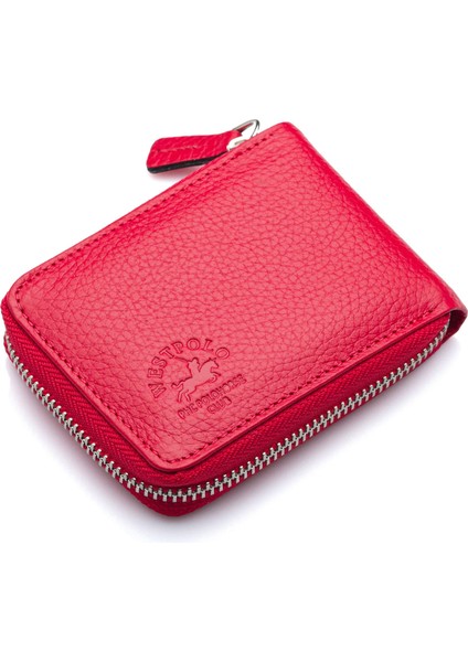 Hakiki Deri Kağıt Para ve Bol Şeffaf Kart Bölmeli, Fermuarlı Unisex Kartlık - Kırmızı fiyatları