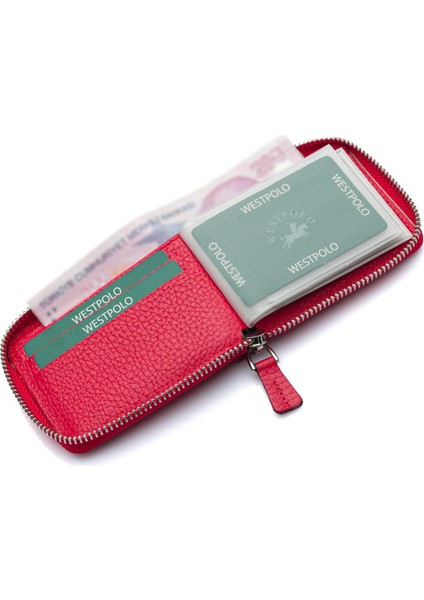 Hakiki Deri Kağıt Para ve Bol Şeffaf Kart Bölmeli, Fermuarlı Unisex Kartlık - Kırmızı modelleri