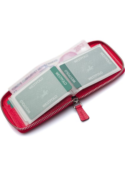 Hakiki Deri Kağıt Para ve Bol Şeffaf Kart Bölmeli, Fermuarlı Unisex Kartlık - Kırmızı fırsatları