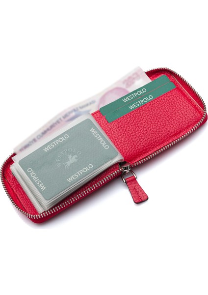 Hakiki Deri Kağıt Para ve Bol Şeffaf Kart Bölmeli, Fermuarlı Unisex Kartlık - Kırmızı indirimleri