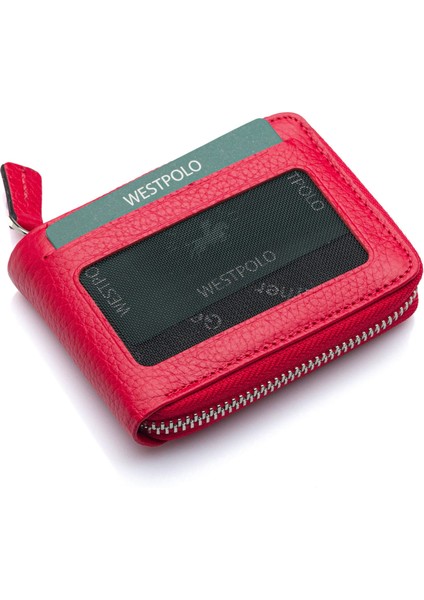 Hakiki Deri Kağıt Para ve Bol Şeffaf Kart Bölmeli, Fermuarlı Unisex Kartlık - Kırmızı