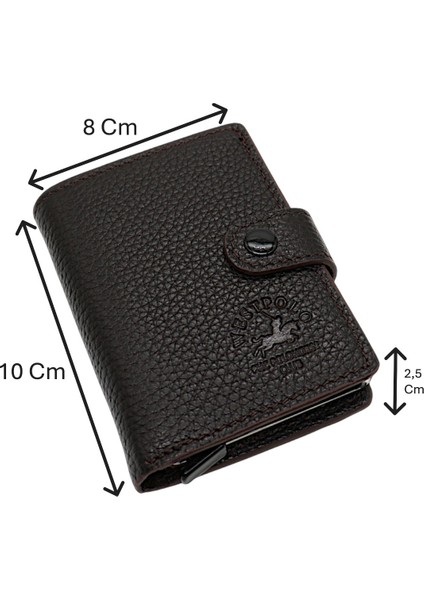 Grimm Bozuk Para ve Bol Kart Bölmeli Unisex Hakiki Deri Mekanizmalı Kartlık - Kahverengi