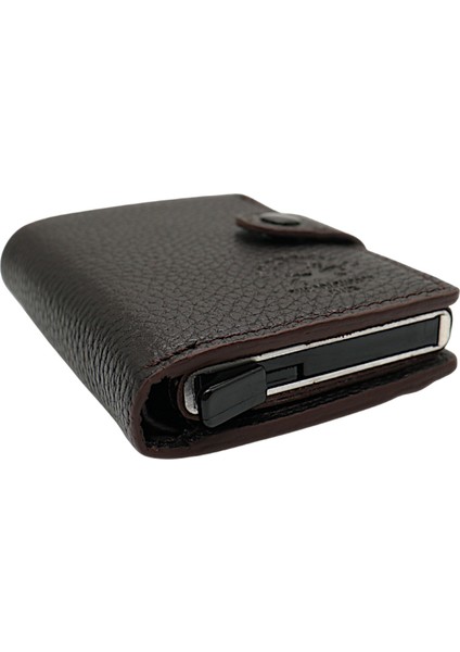 Grimm Bozuk Para ve Bol Kart Bölmeli Unisex Hakiki Deri Mekanizmalı Kartlık - Kahverengi indirimleri