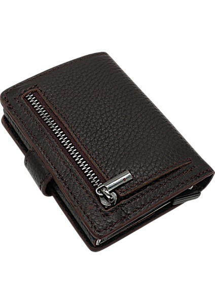 Grimm Bozuk Para ve Bol Kart Bölmeli Unisex Hakiki Deri Mekanizmalı Kartlık - Kahverengi