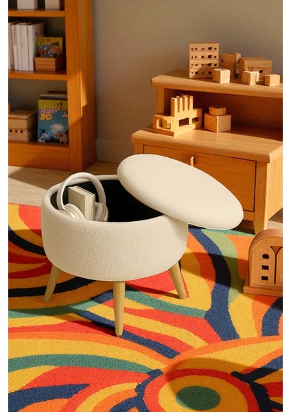 Home Co Art Teddybox Sandıklı Teddy Peluş Puf – Yuvarlak, Ahşap Ayaklı Retro Bench & Dekoratif Tabure