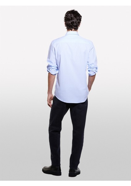 %100 Pamuk Dar Kesim Uzun Kollu Gömlek Erkek Haki Yeşili Gömlek - 324A5VJUSQ04C