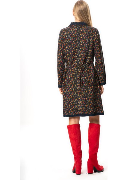 Uzun Kol Zuhal Pazen Midi Boy Sonbahar ve Kışlık Elbise Papatya Desen Lacivert Lcvt fiyatları