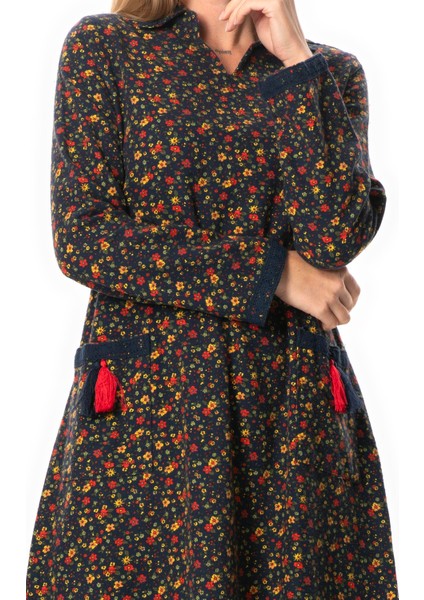 Uzun Kol Zuhal Pazen Midi Boy Sonbahar ve Kışlık Elbise Papatya Desen Lacivert Lcvt modelleri