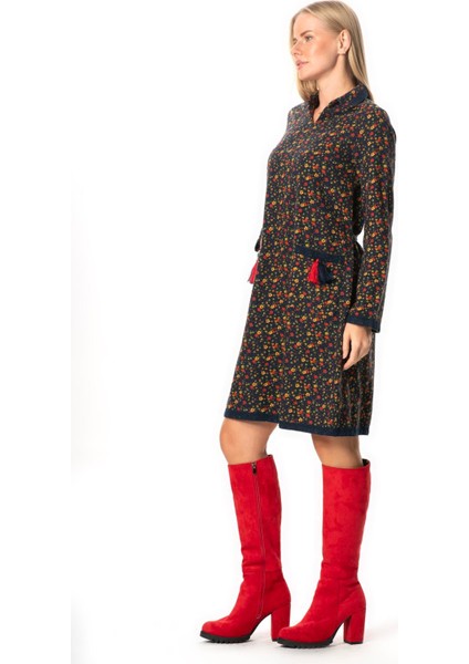 Uzun Kol Zuhal Pazen Midi Boy Sonbahar ve Kışlık Elbise Papatya Desen Lacivert Lcvt