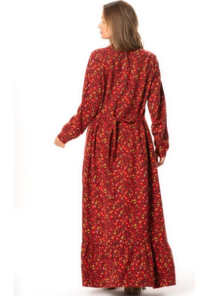 Uzun Kol Sümeyye Pazen Düğmeli Sonbahar ve Kışlık Uzun Elbise Bordo Brd fiyatları