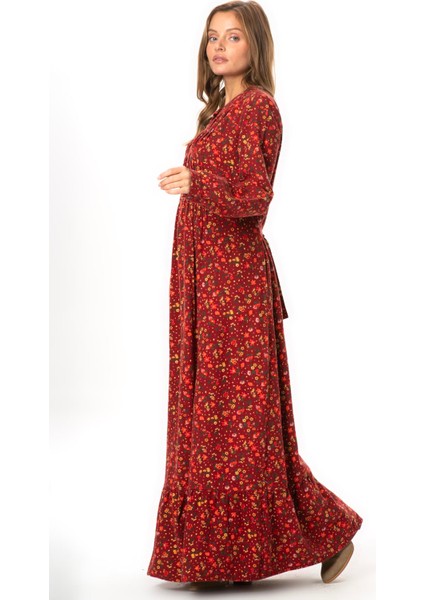 Uzun Kol Sümeyye Pazen Düğmeli Sonbahar ve Kışlık Uzun Elbise Bordo Brd indirimleri