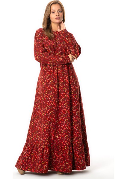 Uzun Kol Sümeyye Pazen Düğmeli Sonbahar ve Kışlık Uzun Elbise Bordo Brd