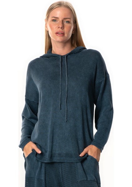 Uzun Kol Kapüşonlu Fileli Sonbahar ve Kışlık Triko Bluz Indigo Indg