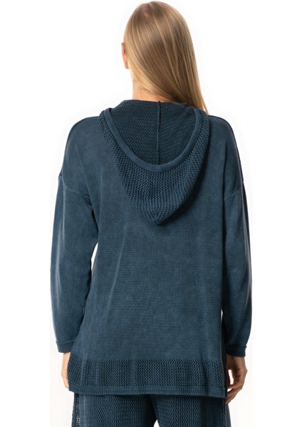 Uzun Kol Kapüşonlu Fileli Sonbahar ve Kışlık Triko Bluz Indigo Indg fiyatları