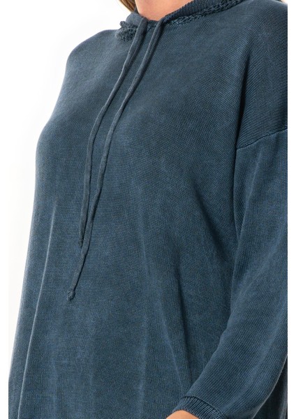Uzun Kol Kapüşonlu Fileli Sonbahar ve Kışlık Triko Bluz Indigo Indg modelleri