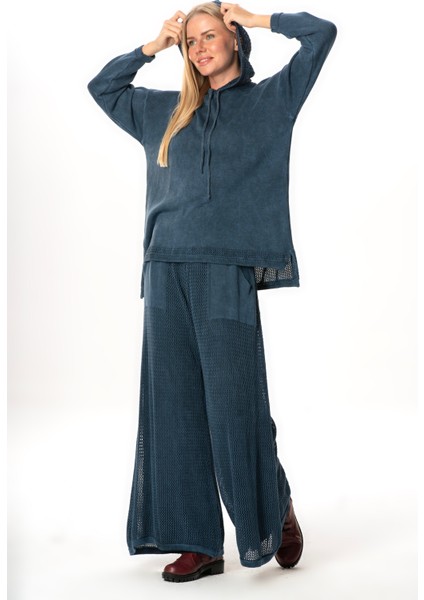 Uzun Kol Kapüşonlu Fileli Sonbahar ve Kışlık Triko Bluz Indigo Indg fırsatları