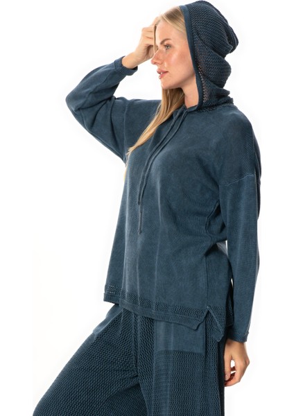 Uzun Kol Kapüşonlu Fileli Sonbahar ve Kışlık Triko Bluz Indigo Indg indirimleri
