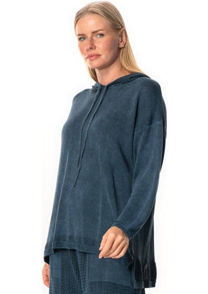 Uzun Kol Kapüşonlu Fileli Sonbahar ve Kışlık Triko Bluz Indigo Indg