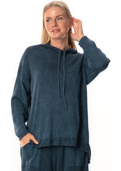 Uzun Kol Kapüşonlu Fileli Sonbahar ve Kışlık Triko Bluz Indigo Indg