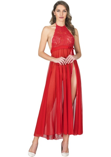 Allzey Kırmızı Dantelli Tül Gecelik - M057 - Beden S/m