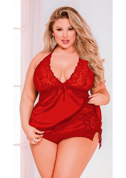 Dantel ve Saten Gecelik ve Şort Takımı