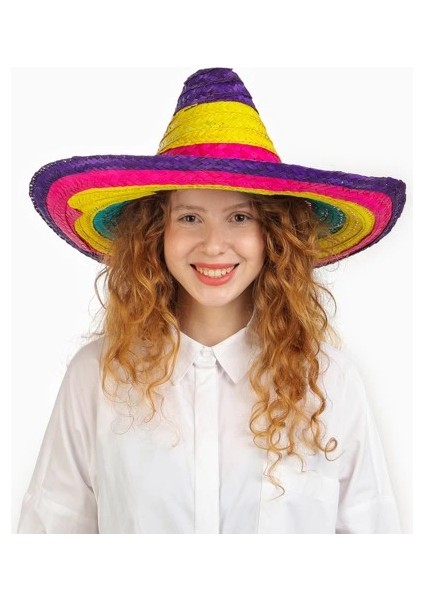 Sombrero Meksika Şapkası Renkli Örme Hasır Çocuk Boy