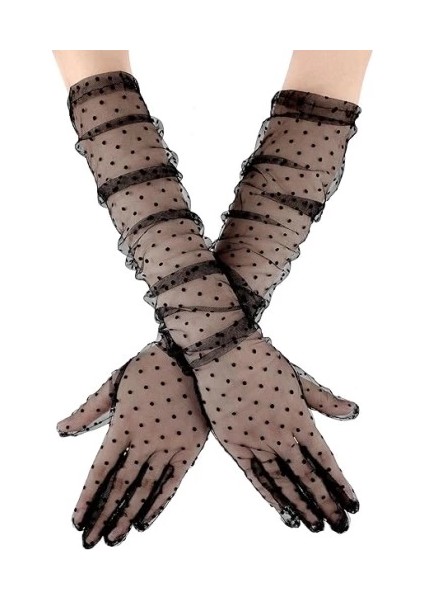 Uzun Siyah Puantiyeli Yetişkin Tül Eldiven modelleri