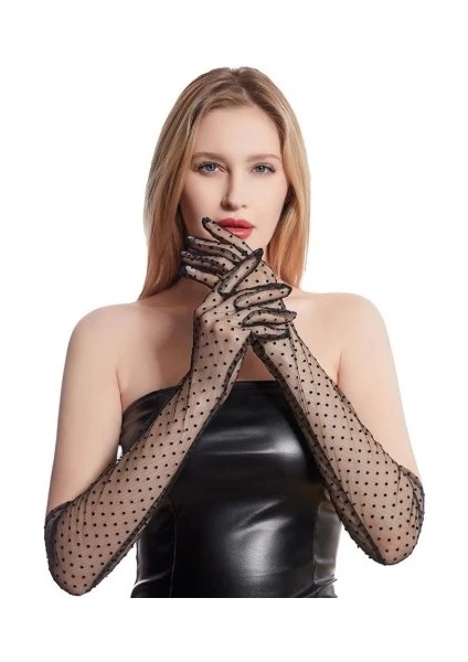 Uzun Siyah Puantiyeli Yetişkin Tül Eldiven fırsatları