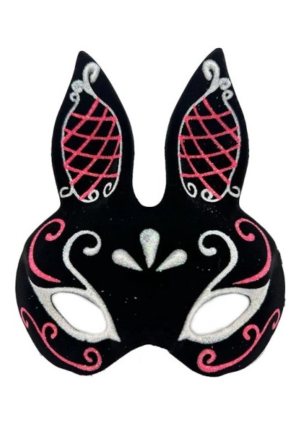 Siyah Süet Tavşan Maskesi Simli