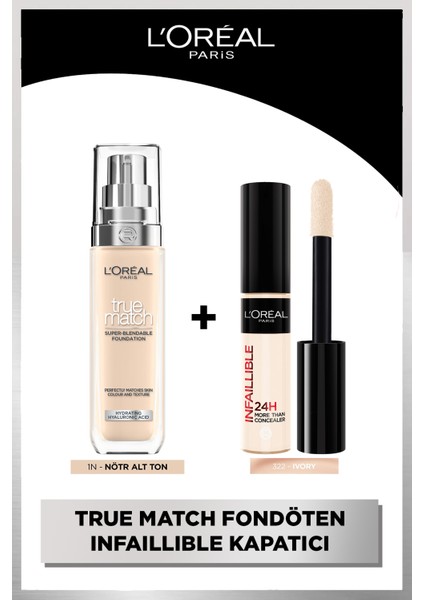 Infaillible Tüm Yüze Uygulanabilir Kapatıcı 322 Ivory + L'oréal Paris True Match Bakım Yapan Fondöten 1n Ivory Ikilisi