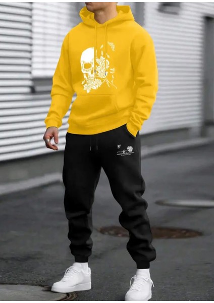 Büyük Beden Özel Tasarım Kuru Kafa Gülleri Baskılı Sokak Modası Kışlık Erkek Eşofman Takımı