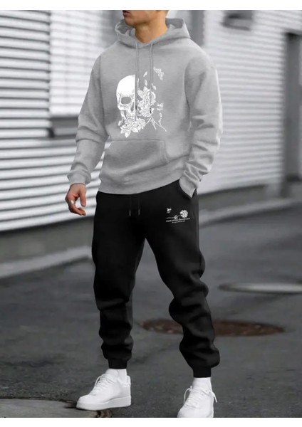 Büyük Beden Özel Tasarım Kuru Kafa Gülleri Baskılı Sokak Modası Kışlık Erkek Eşofman Takımı