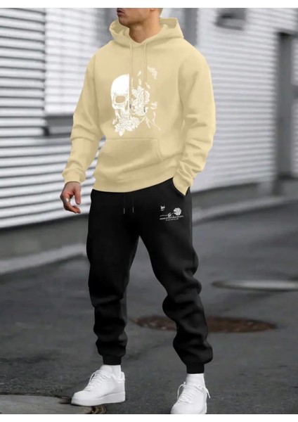 Büyük Beden Özel Tasarım Kuru Kafa Gülleri Baskılı Sokak Modası Kışlık Erkek Eşofman Takımı