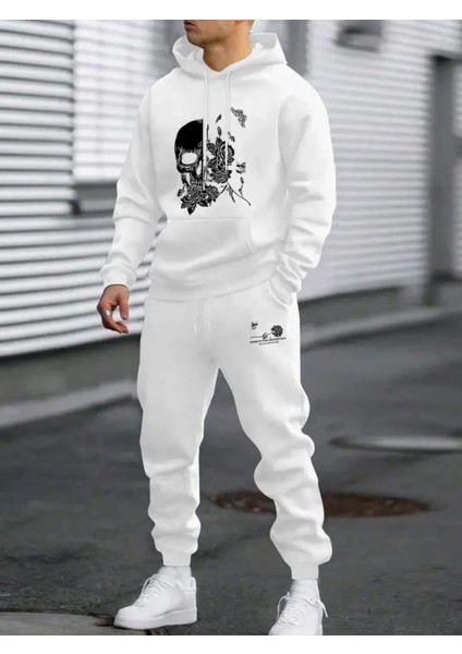 Büyük Beden Özel Tasarım Kuru Kafa Gülleri Baskılı Sokak Modası Kışlık Erkek Eşofman Takımı