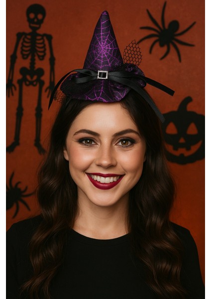 Cadı Şapkalı Halloween Parti Tacı Tüllü Mor Cadılar Bayramı Aksesuarı