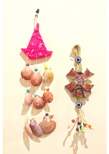 Antioch Artdesign Ikili Alaçatı Değirmen ve Deniz Kabuklu Yelkenli Duvar Bahçe Balkon Süsü