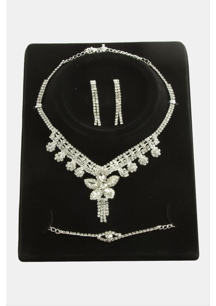 Depomix Çiçek Taşlı Lüks Set Kolye-Gümüş Rengi