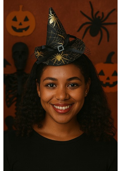 Cadı Şapkalı Halloween Parti Tacı Tüllü Sarı Altın Renk Cadılar Bayramı Aksesuarı