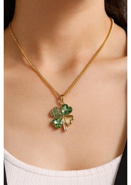 Greenlove Altın Kaplama Zümrüt Yeşili Yonca Detay Kadın Kolye