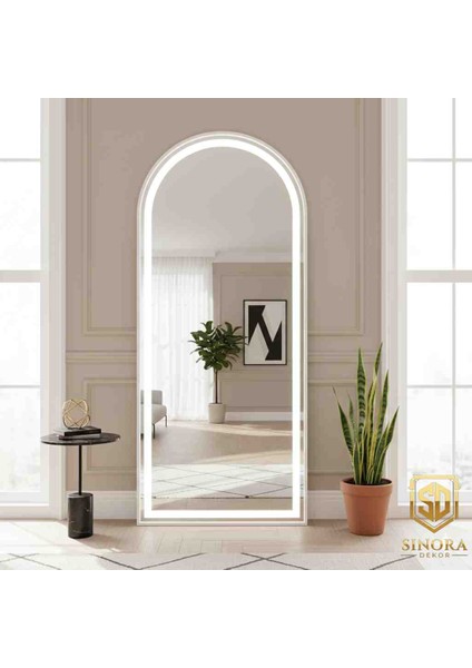 Boy Aynası 180X60 Ayaklı, Beyaz Metal Çerçeveli LED Işıklı Tam Boy Oval Ayna