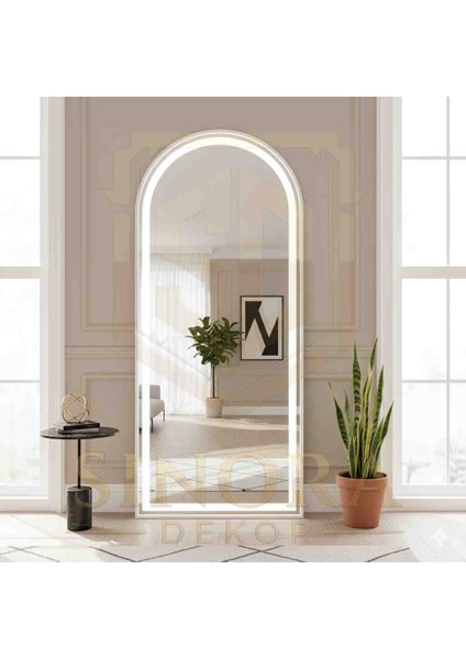 Boy Aynası 180X60 Ayaklı, Beyaz Metal Çerçeveli LED Işıklı Tam Boy Oval Ayna fiyatları