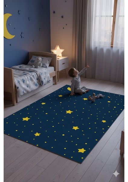 Sarı Lacivert Yıldız Desenli Kaymaz Dot Taban Dijital Baskı Çocuk Halısı