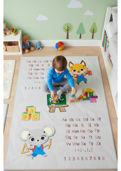 Alfabe ve Sayılar Eğitici Kaymaz Dot Taban Dijital Baskı Çocuk Halısı