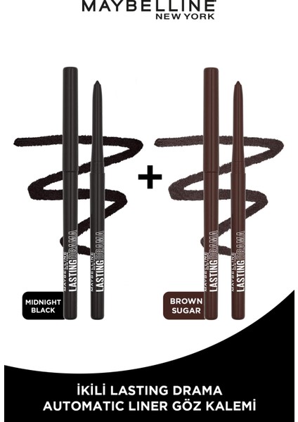 Maybelline Lasting Drama Automatic Liner Midnight Black Göz Kalemi & Maybelline New York Lasting Drama Automatic Liner Kahverengi Göz Kalemi Ikilisi