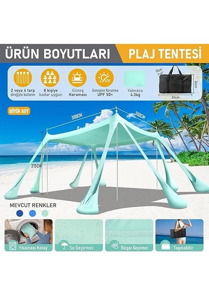 Plaj Gölgelik Tente Deniz Çadırı, Sahil Plaj Gölgeliği Kanopy, UPF50 Güneş Koruma, Açık Hava Deniz Şemsiyesi Tente Gölgelik Aile Kampı Balık Piknik Için Gölgelik, 300X300CM Derin Mavi modelleri